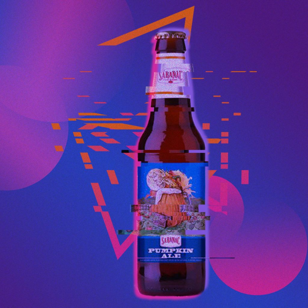 A glitched vaporwave style image of a beer