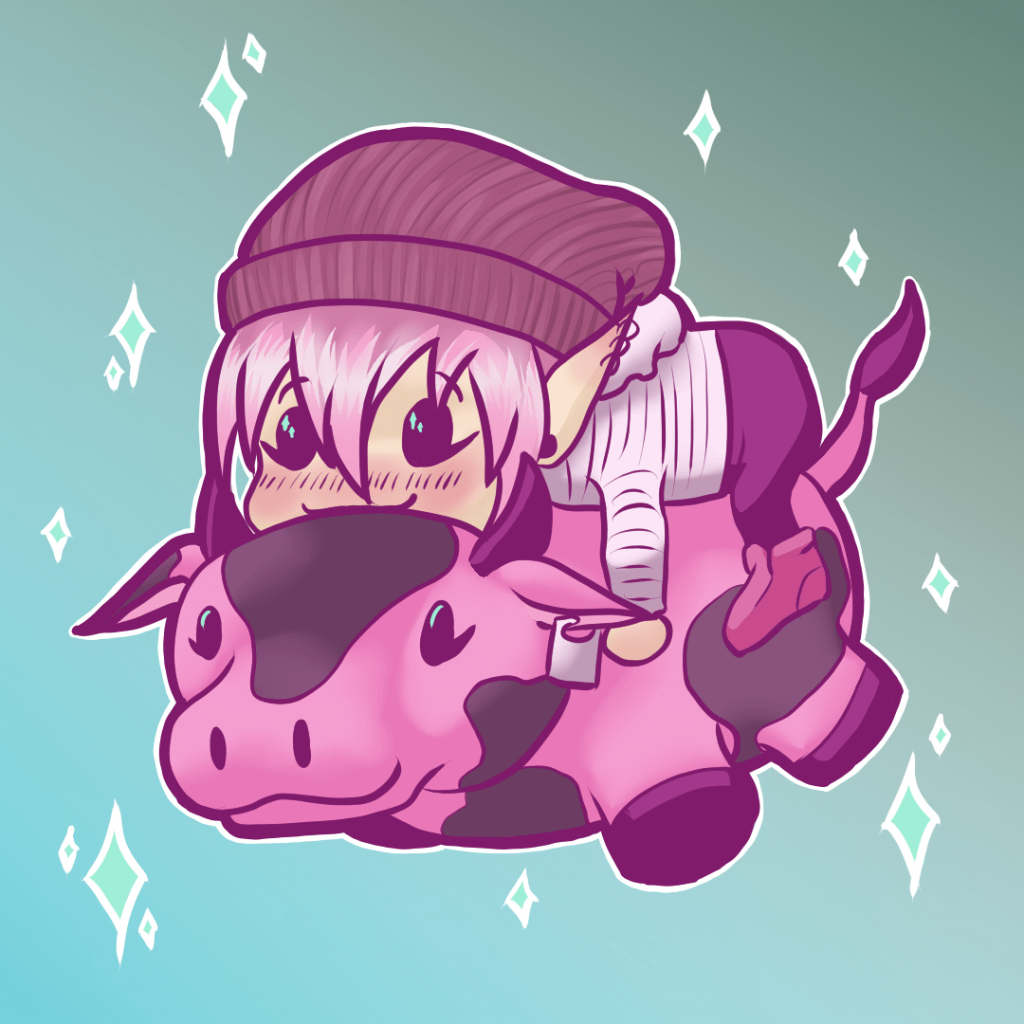 Pink chibi character on a pink cow